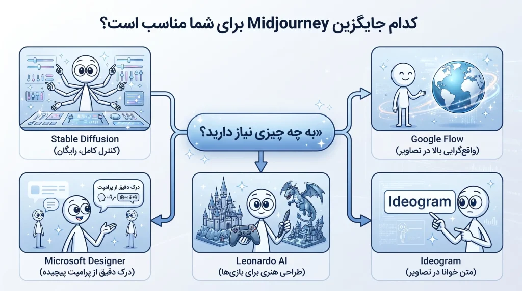 اینفوگرافیک مقایسه ابزارهای هوش مصنوعی جایگزین Midjourney با سوال «کدام جایگزین برای شما مناسب است؟». تصویر ۵ ابزار را نشان میدهد: Stable Diffusion (کنترل کامل، رایگان)، Google Flow (واقعگرایی بالا)، Microsoft Designer (درک دقیق از پرامپت پیچیده)، Leonardo AI (طراحی هنری برای بازیها) و Ideogram (متن خوانا در تصاویر).
