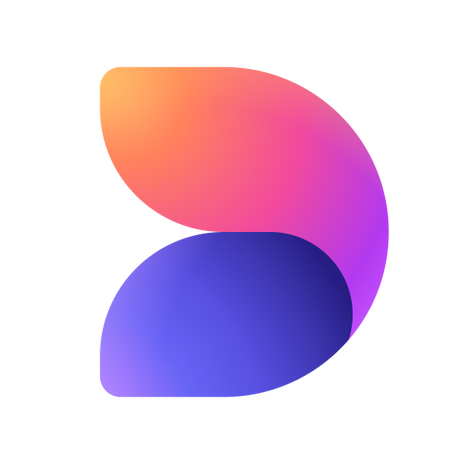 آیکون مایکروسافت دیزاینر (Microsoft Designer)، به شکل یک طرح انتزاعی از حرف D که از دو بخش مجزا با طیف رنگی زنده، از نارنجی و صورتی در بالا تا بنفش و آبی در پایین تشکیل شده است.